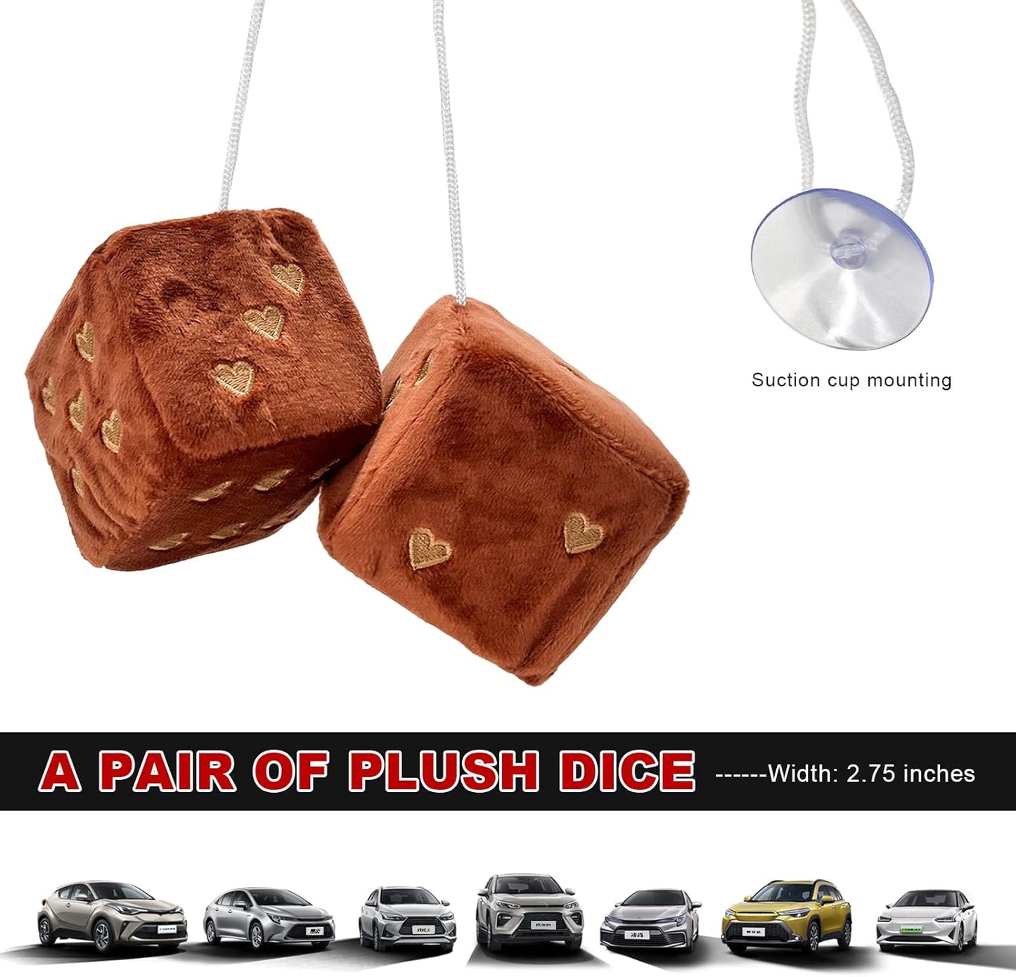 Par de dados de felpa mullidos para espejo de automóvil, 2.75 pulgadas, cuadrados, retro, suaves, adorno lindo con patrón de corazón, espejo retrovisor de felpa universal para mujeres y hombres