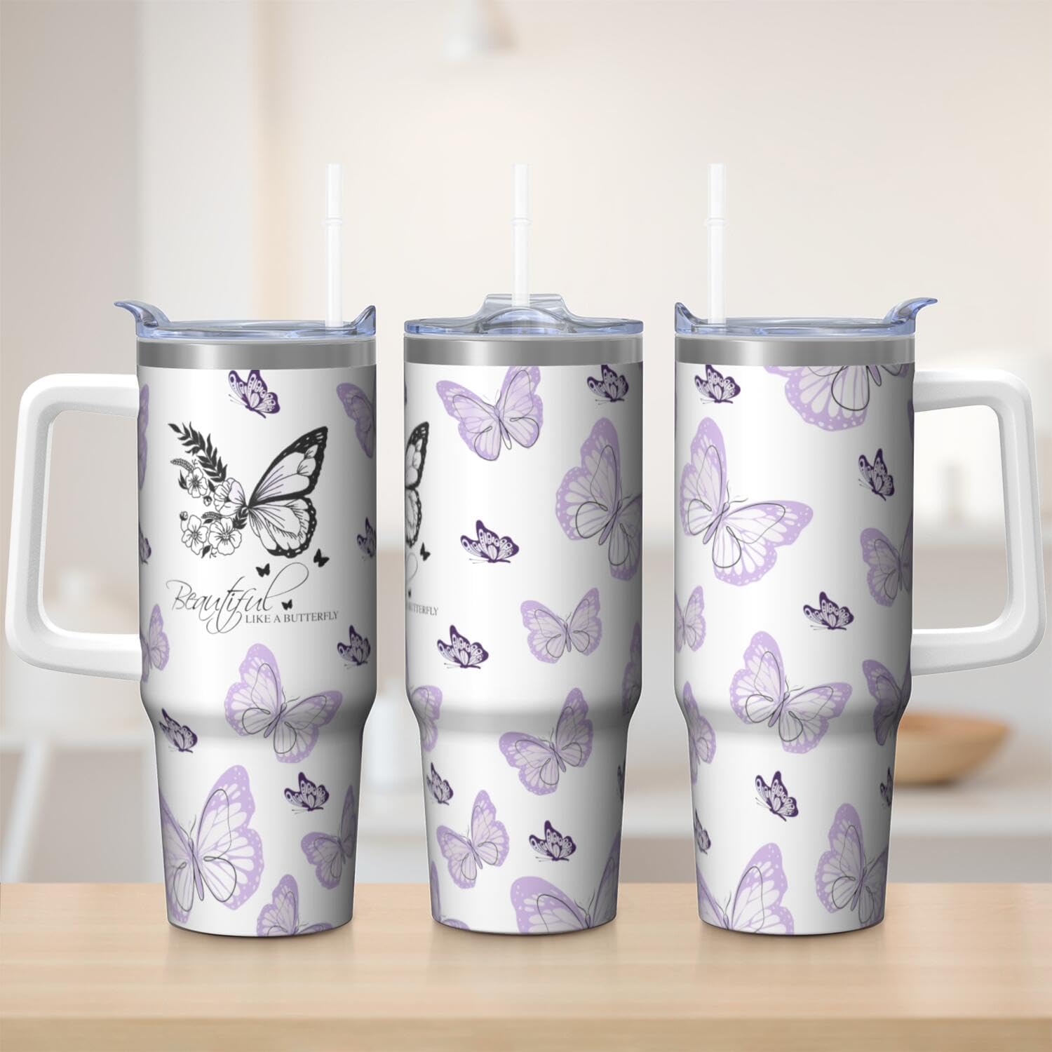 Vaso de mariposa con asa y pajita, botella de agua de viaje de 30 onzas con tapa, taza aislada de acero inoxidable, regalos de cumpleaños para mujeres amantes de los animales