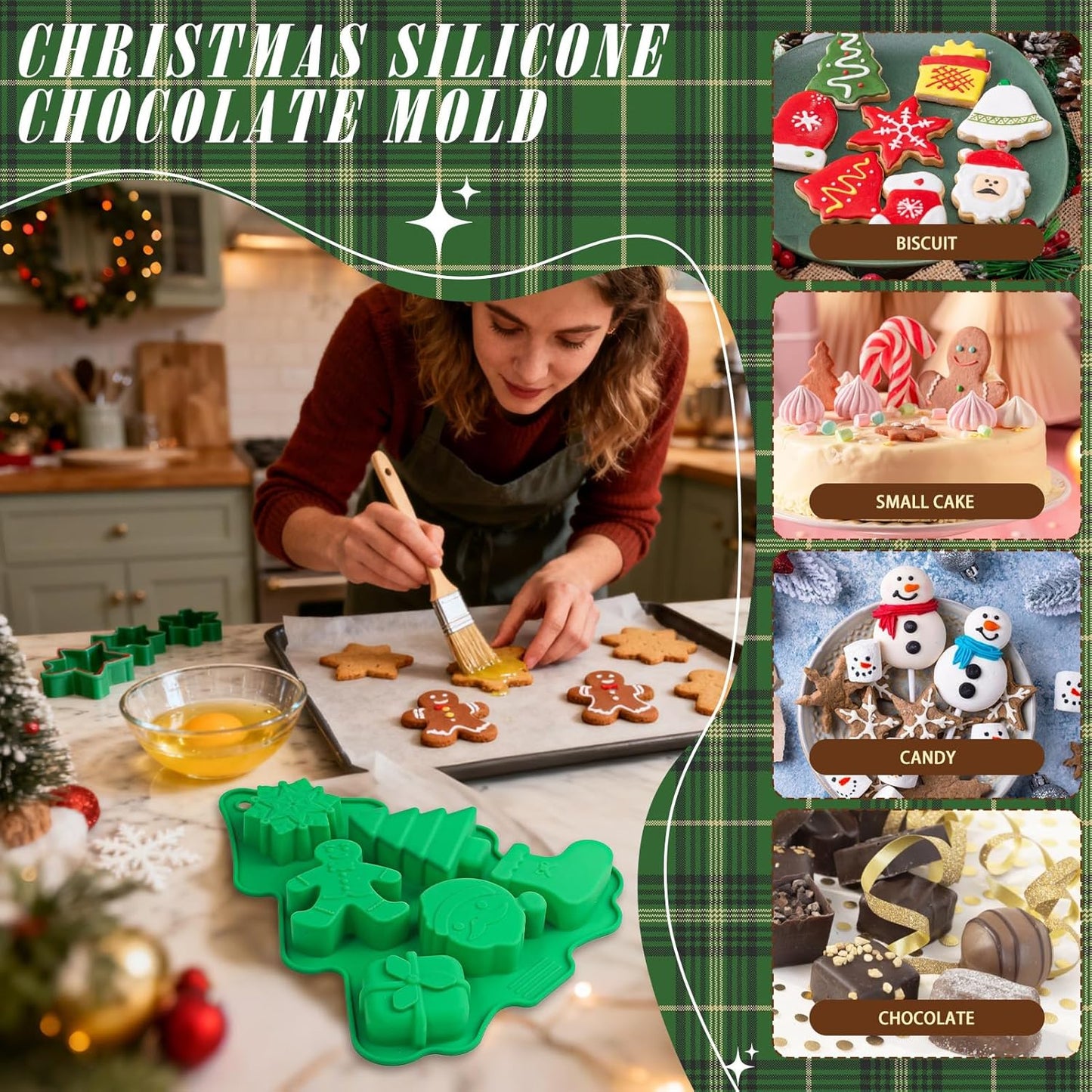 クリスマス チョコレート モールド | 6穴 シリコン キッチン ベーキング ツール | 立体ケーキ用スノーフレーク・ツリー・サンタ型 | パン菓子 チョコレート クッキー フォンダン カップケーキ トッパー ムース キャンドル エポキシ樹脂 キッチン用