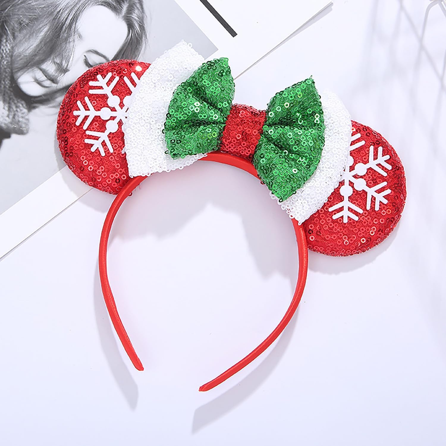 Pink Minnie Ears Headband Hair Band for Women Girls Fashion Design (Red Christmas Flake)