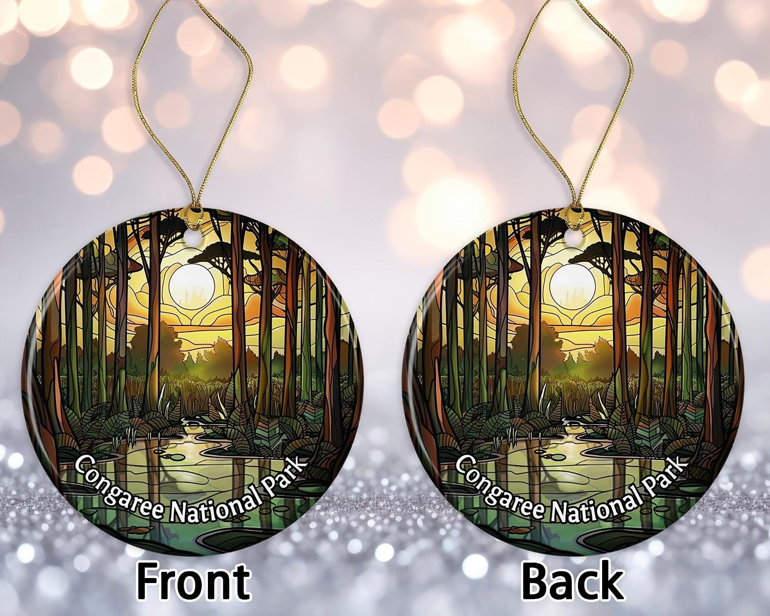 Adorno de Parque Nacional Congaree, adorno de aspecto de vitral, adorno de Navidad de parques nacionales, adorno de recuerdo, recuerdos de viaje, adorno de Navidad, regalo de cerámica impreso en ambos