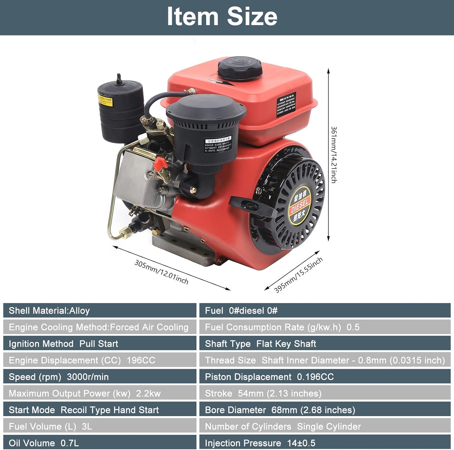 Go Kart Motor Engine Diesel Engine 3HP 196CC 4 Stroke Single Cylinder Air Cooled Diesel Motor Manual Recoil Start Horizontal Shaft Engine Go Kart Lawn Mower Generator Wood Splitter