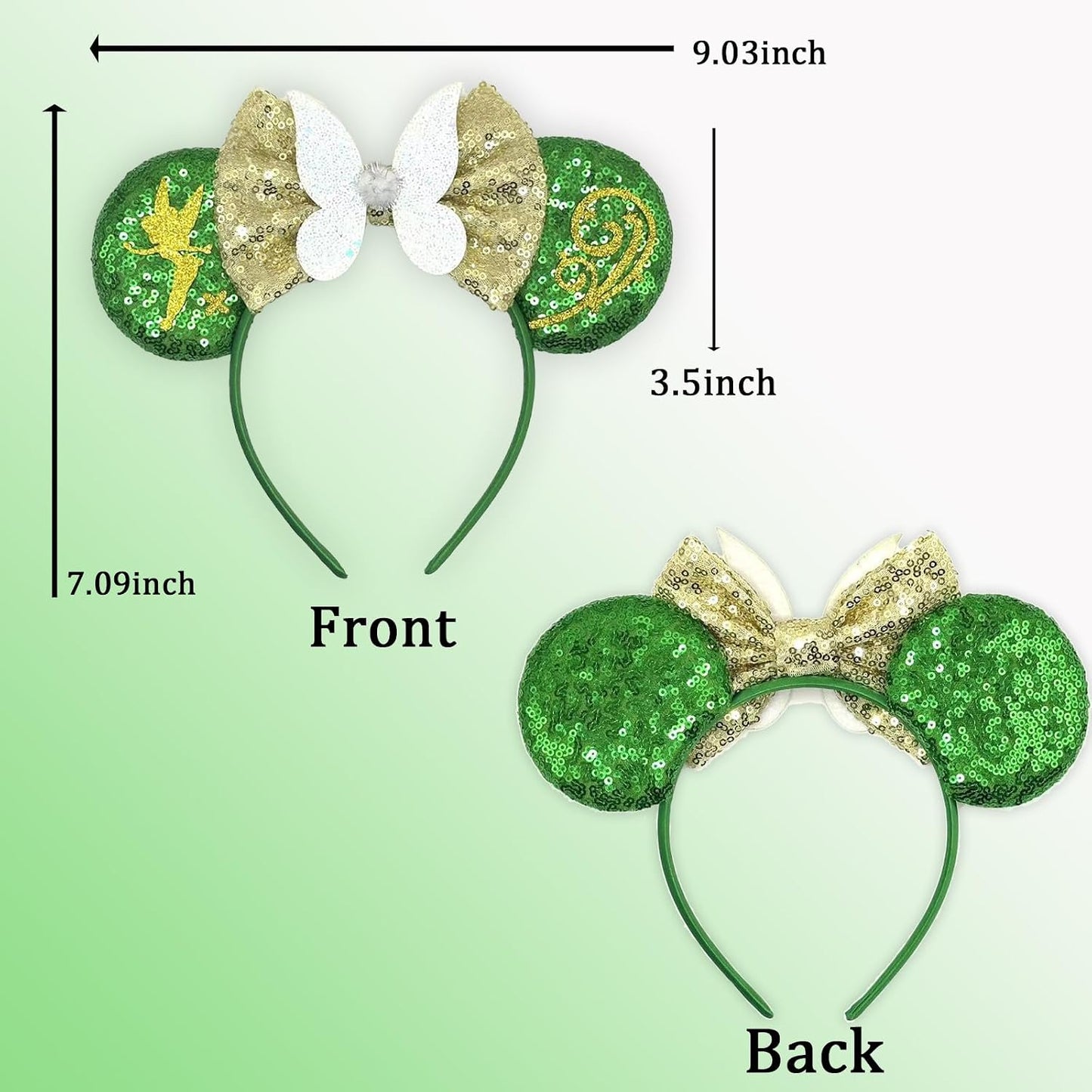 Diadema con orejas de ratón - Banda para el pelo con purpurina para fiestas en parques temáticos, blanco, verde, 1 recuento (paquete de 1)