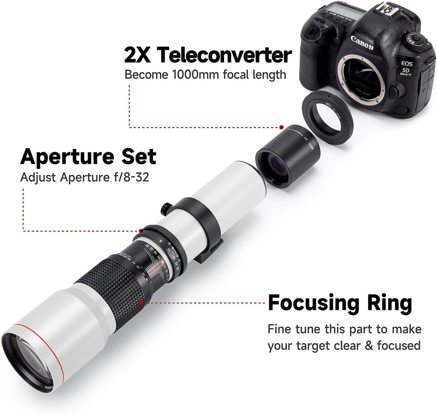 JINTU 500mm/1000mm f/8 Manual Telephoto Lens for Canon EOS nikon T3 T3i T4i T5 T5i T6 T7 T6i T6s T7i SL1 SL2 EOS 60D 70D 77D 80D 5D III 5D IV EOS 6D 7D 7D II D90 D90 D90 5600 D5200 D3200 D3400 D7500