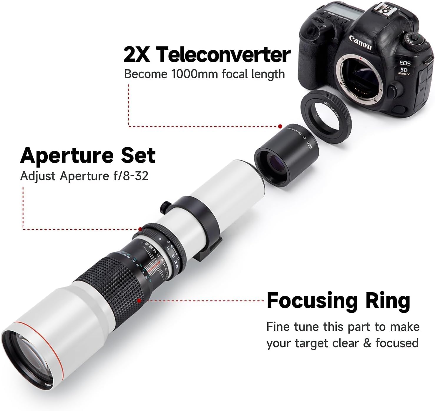 JINTU 500mm/1000mm f/8 Manual Telephoto Lens for Canon EOS nikon T3 T3i T4i T5 T5i T6 T7 T6i T6s T7i SL1 SL2 EOS 60D 70D 77D 80D 5D III 5D IV EOS 6D 7D 7D II D90 D90 D90 5600 D5200 D3200 D3400 D7500