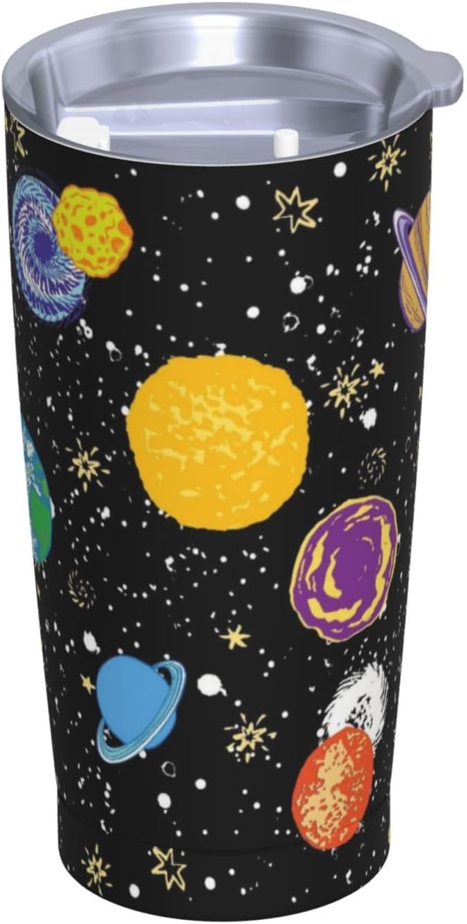 Space - Vaso de 20 onzas con tapa y popote para mujeres y hombres, taza aislada de planetas del sistema solar, diseño de estrellas, vaso de acero inoxidable dibujado a mano, vaso de acero