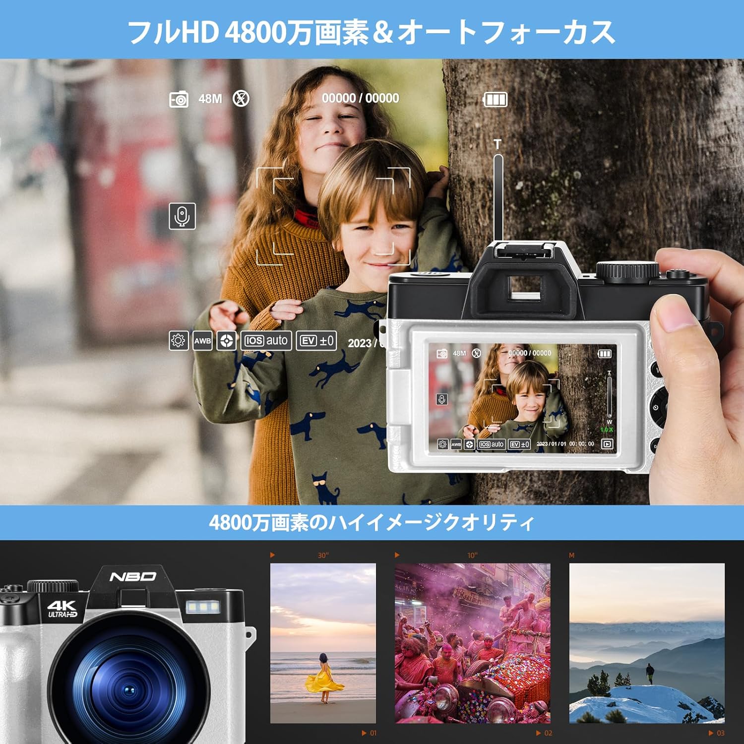 NBD 4K 48 Megapixel 60 FPS Digital Camera [Macro + Wide Angle Lens, WiFi App Control] with 16x Zoom AF Function SLR Camera | LED Flash & Webcam Function | 32GB TF Card & 2 Batteries Included (White)