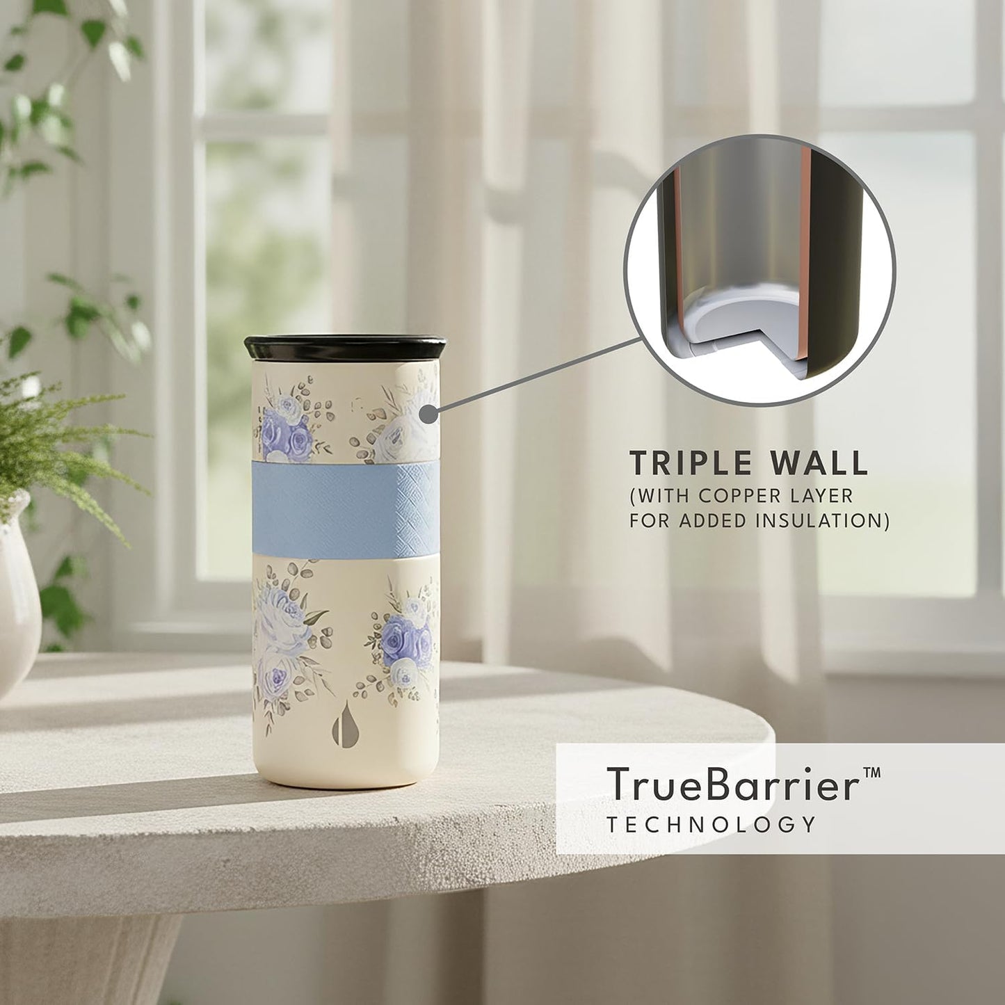 Elemental Vaso aislado artesanal, taza de viaje para café de triple pared, reutilizable, de acero inoxidable, con tapa de cerámica, tazas de café térmicas para bebidas calientes (6 horas) y frías (18 horas), 16 onzas, flores azules