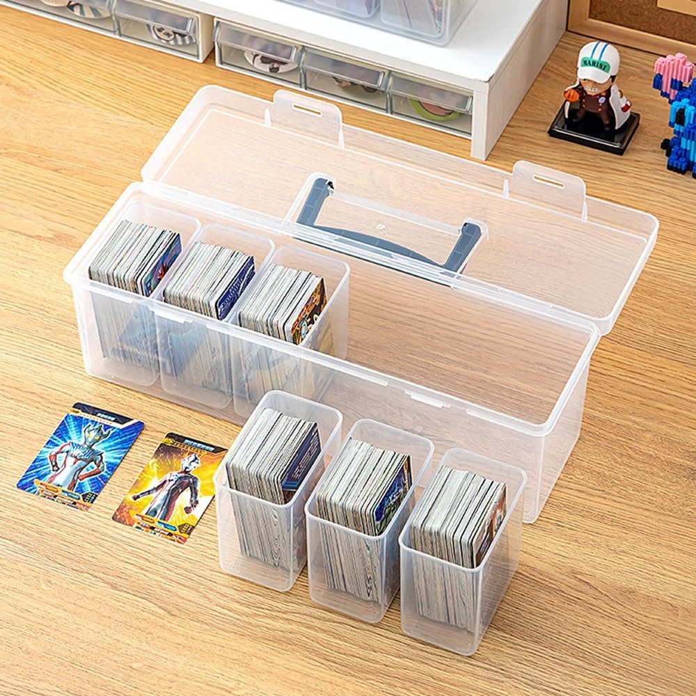 koundeneko Long Card Box with Handle, Large Capacity, Trading Card Case, Vertical Slots, 6 Pieces, Divided Case, Includes Lid, Transparent, Waterproof, Dustproof, Easy to Clean, Card Organization,