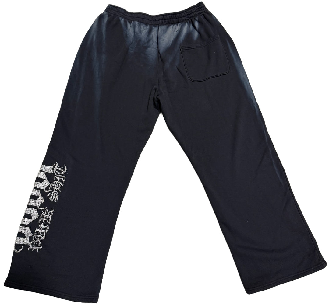 BOSSI 'SILVER HEAVY METAL' WASHED BLACK RHINESTONE SWEATPANTS