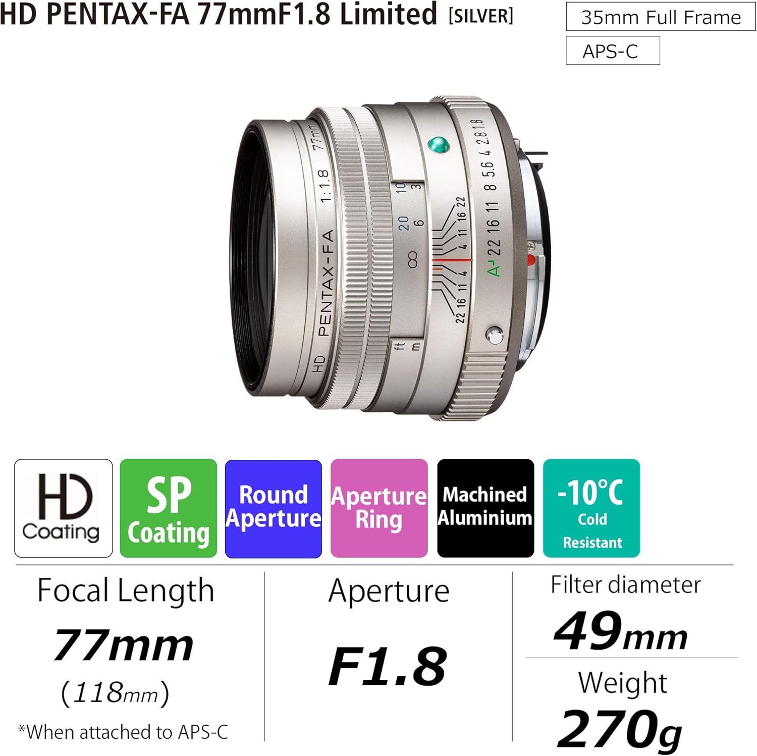 Pentax HD 77mmF1.8 Limited Silver Medium Telephoto Prime Lens with High Performance HD Coating Round Diaphragm (27890)