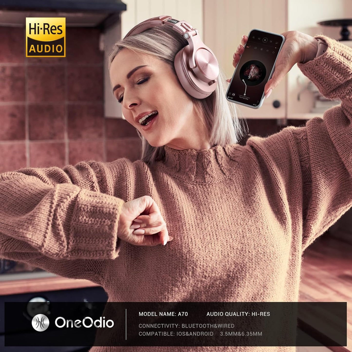OneOdio A70 Bluetooth Over-Ear Headphones, Wireless Headphones, 72 Hours Playtime, 3.5mm/6.35mm Jack, Studio Monitor, Mixing, DJ, Guitar Amplifier, For Laptop, PC, Tablet