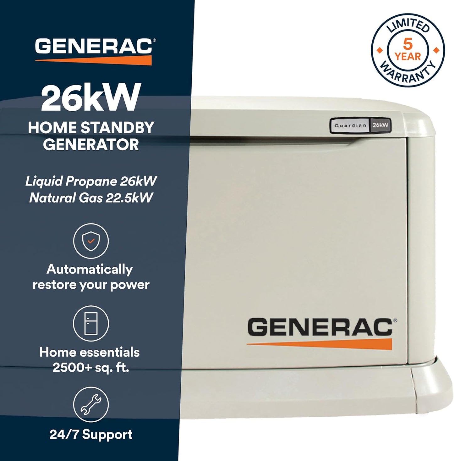 Generac Guardian 26KW Tough Durable All Aluminum WiFi Enabled Home Standby Generator with G-Force Engine and 200Amp Transfer Switch