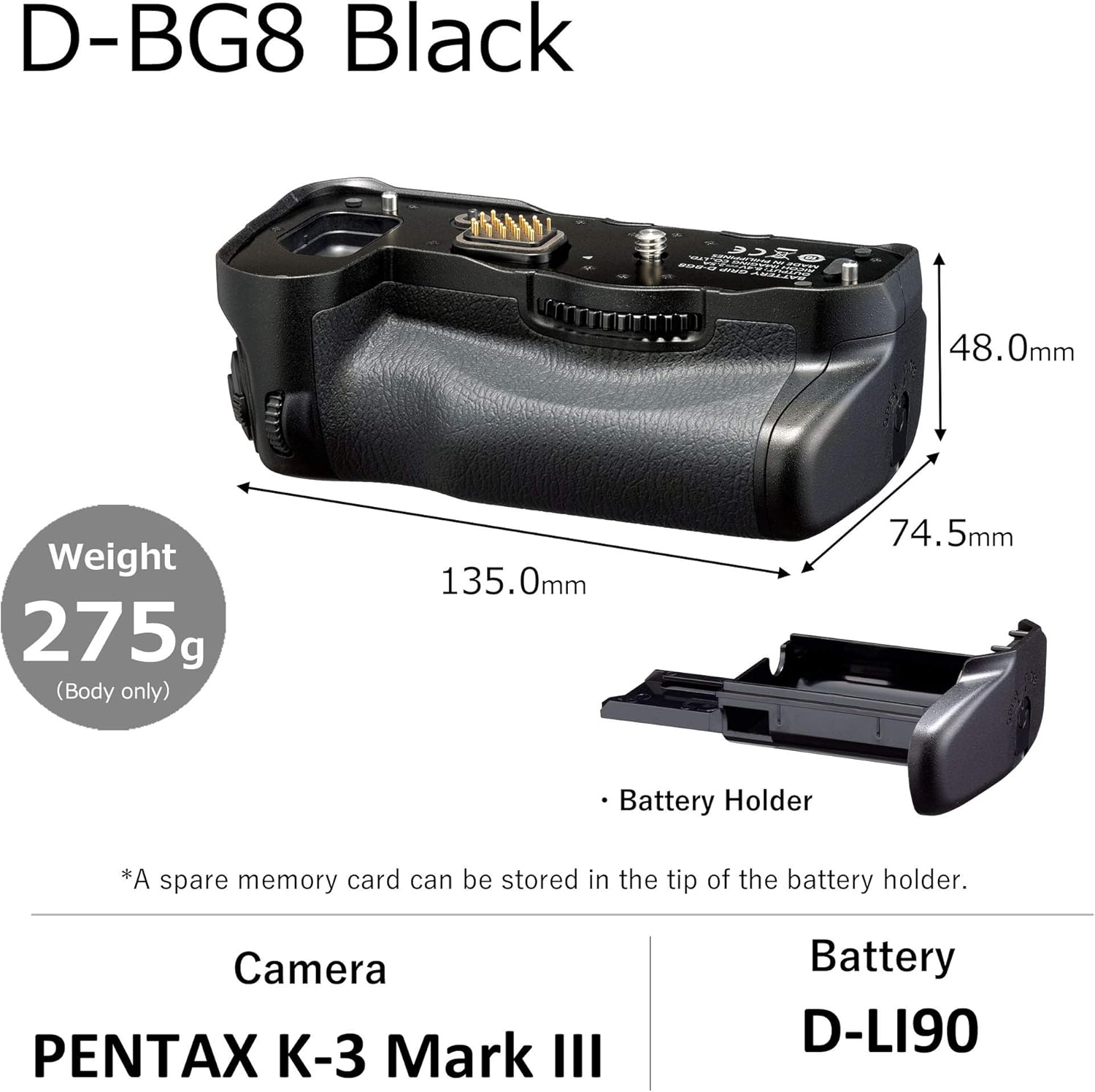 PENTAX D-BG8 Black Battery Grip for Pentax K-3 III Flagship DSLR Camera Dustproof Weatherproof Construction with Capacity to Hold Additional D-LI90 Batteries (37048)