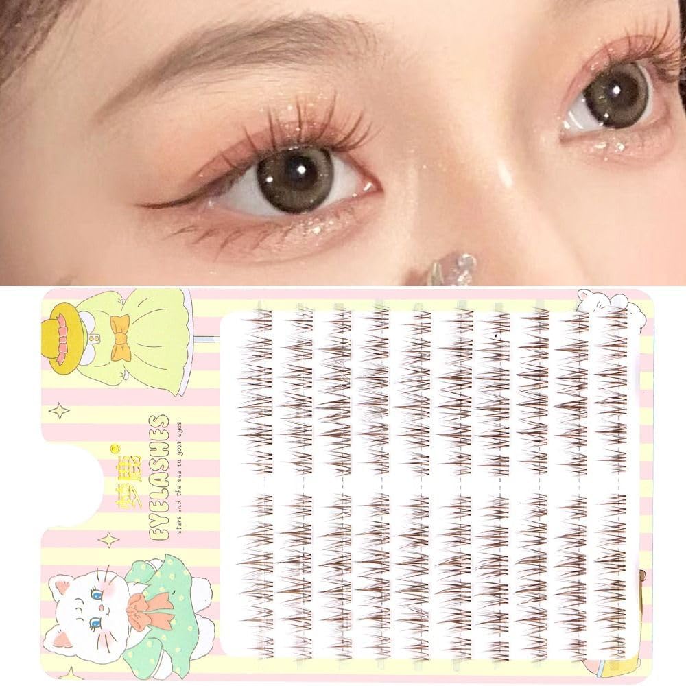 Coffee color individual false eyelashes cluster, long natural false eyelashes, soft transparent stem false eyelashes, invisible bands, handmade eye makeup tools