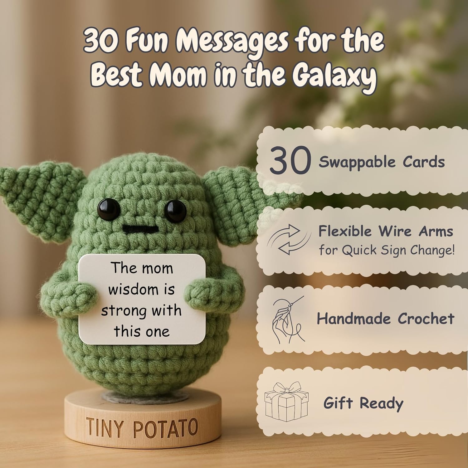 Regalo para mamá - Crochet positivo de Baby Yoda con 30 divertidas tarjetas de apreciación para madres - Regalo de cumpleaños de Star Wars para mamá de hija, hijo, niños - El mejor regalo de broma
