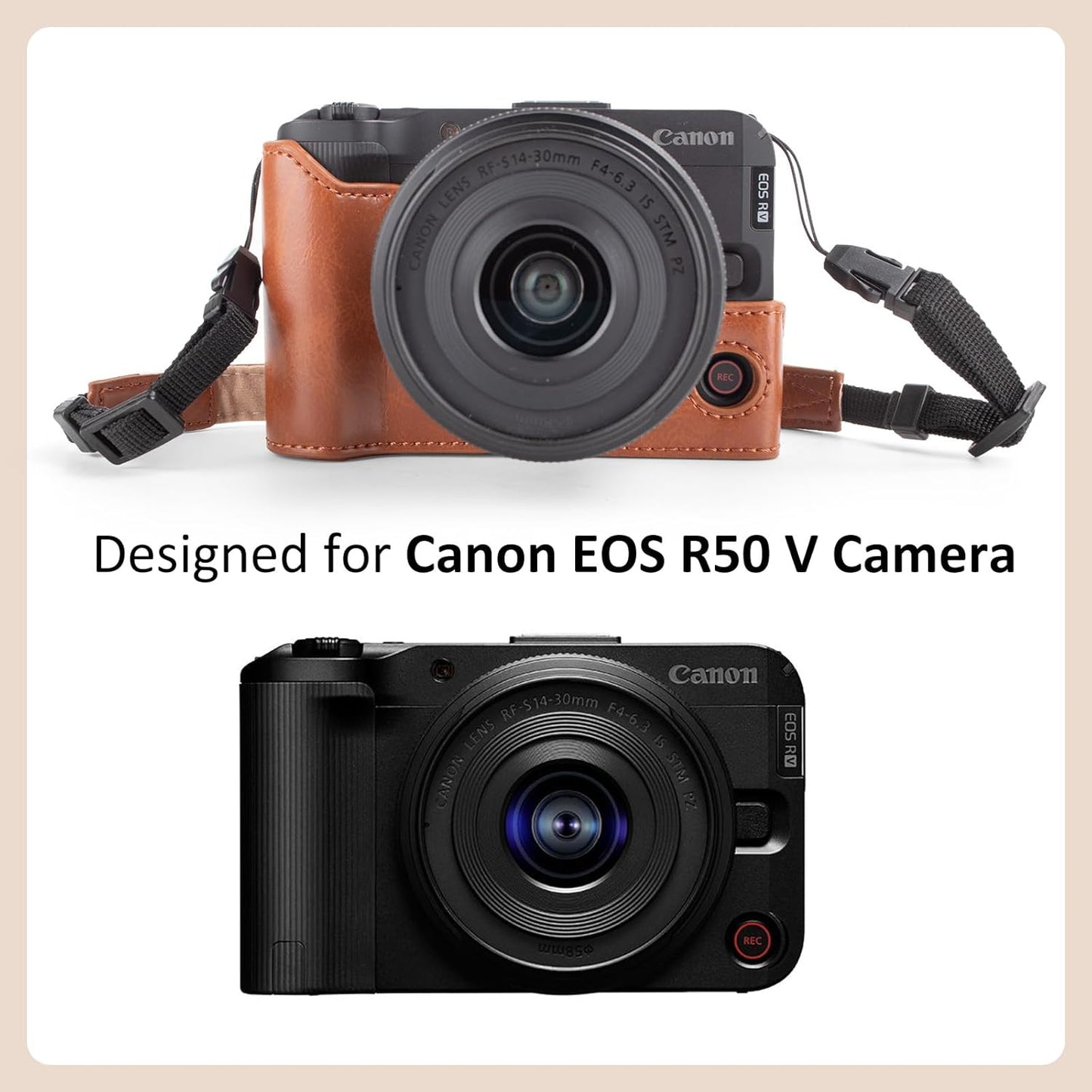 MUZIRI KINOKOO Case for Canon EOS R50 V Camera PU Leather Protective Cover for EOS R50 V/R50V Digital Camera with RF-S14-30mm Lens Detachable Carrying Case with Adjustable Shoulder Strap, Braun