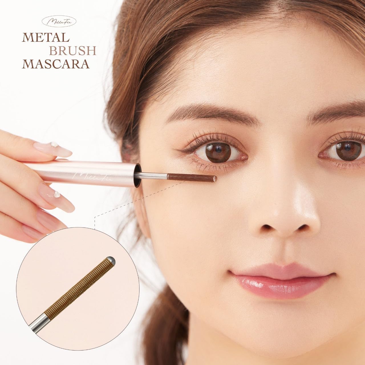 Milfee Metal Brush Mascara (03 Pink Brown) Long Curly Keep, Extra Fine Eye Makeup Waterproof MilleFee