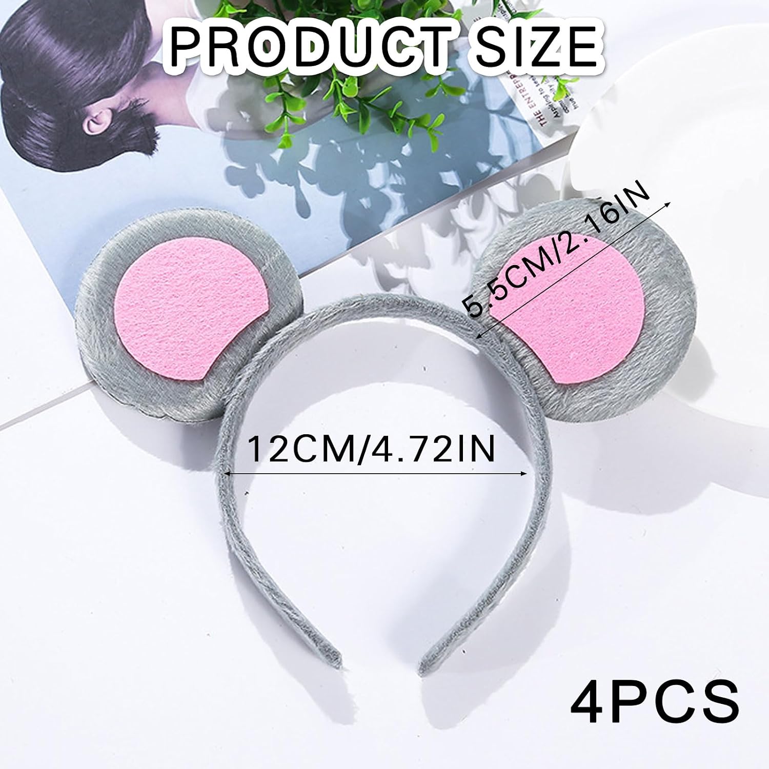 EUPSIIU 4 x Cartoon Mouse Ears on Headband Grey Animal Mouse Ears Hair Bands for Children Adults Costume Animal Cosplay Party Halloween Carnival (Grey, M)
