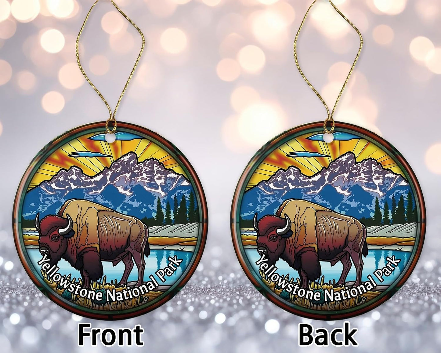 Yellowstone National Park - Adorno de Navidad con aspecto de vitral, recuerdo, recuerdo de viaje, regalo de cerámica impreso en ambos lados
