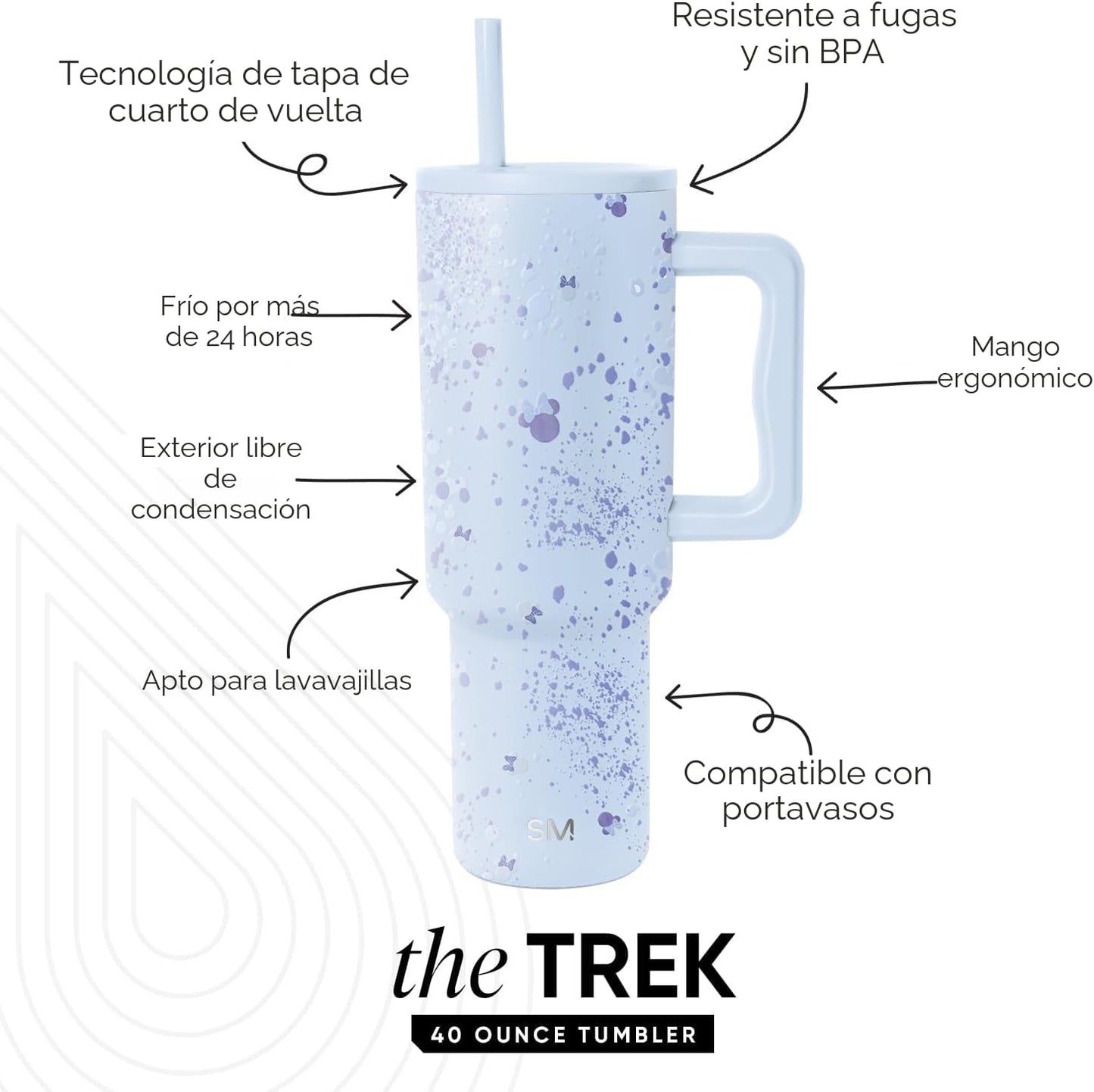 Simple Modern Disney Vaso Tumbler de 40 oz con Asa y Tapa con Pajita | Botella de Agua de Acero Inoxidable Aislada Reutilizable Taza de Viaje | Regalos para Mujeres Hombres Él Ella | Colección Trek |
