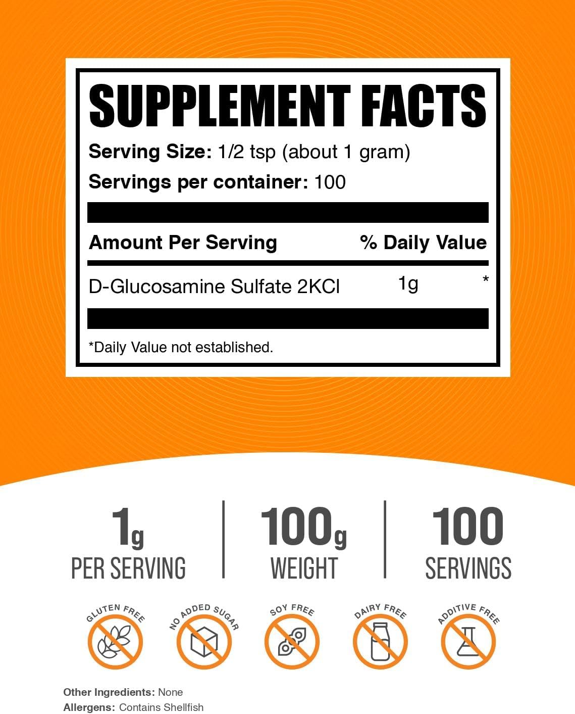 BulkSupplements.com Glucosamine Sulfate Powder - Glucosamine Supplement, Glucosamine Powder - for Joint Support, Gluten Free, 1000mg per Serving, 100g (3.5 oz) (Pack of 1)
