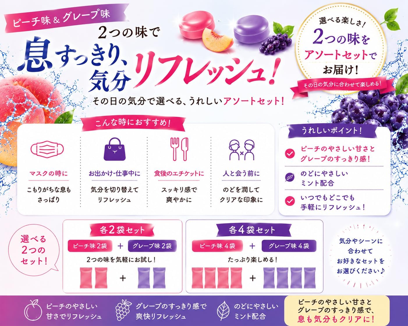 【4袋 お試し】 クリアフレッシュドロップ グロウグレープ＆プリズムピーチ 小袋セット 各15g のど飴 ミントキャンディ リフレッシュキャンディ (4袋(各2袋))