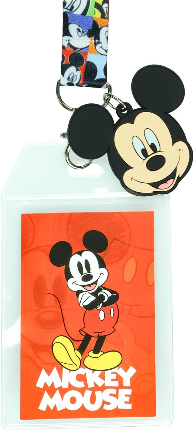 Disney Mickey Mouse Fun Starts Here - Cordón con soporte para tarjeta de identificación y dije de goma de Mickey de 2 pulgadas