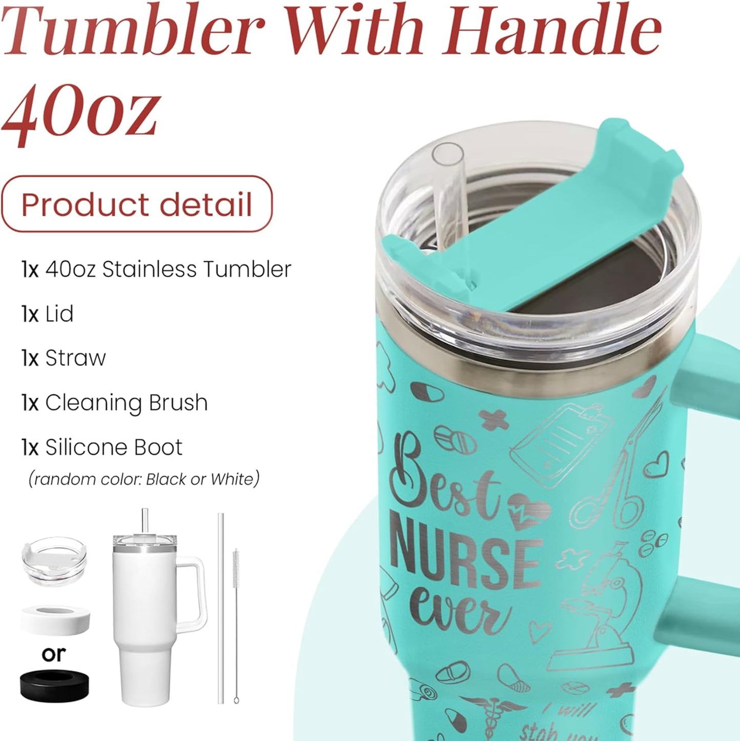 Regalos de enfermera para mujeres, vaso de enfermera con asa, taza de café de acero inoxidable de 40 onzas con tapa con pajilla, regalo de enfermería para enfermeras, regalo de agradecimiento para