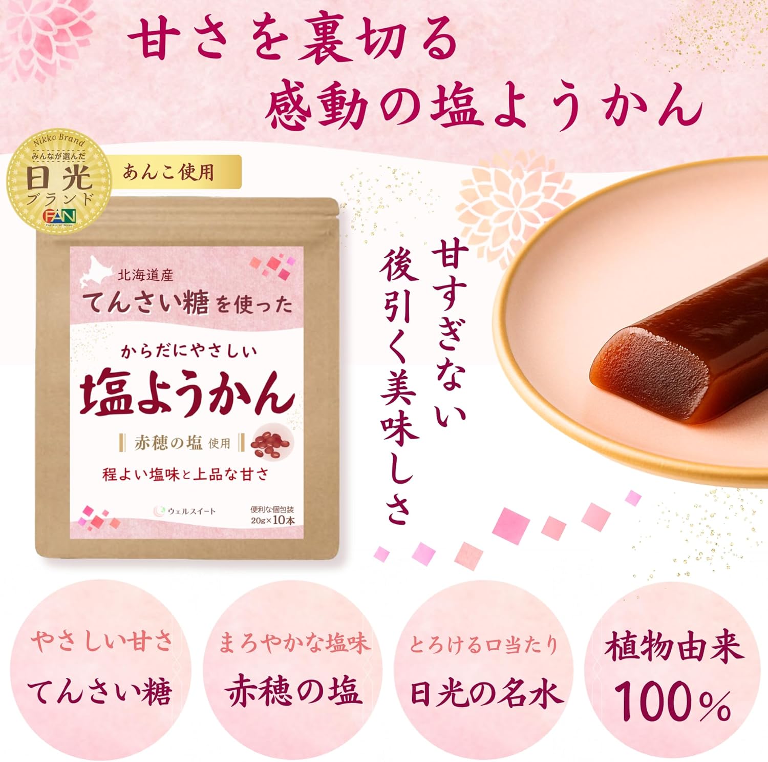 Wellsweet Salted Yōkan Hokkaido Small Red Beans 100% × Cane Sugar Stick Individually Wrapped Mini Yōkan 20g×10 Sticks