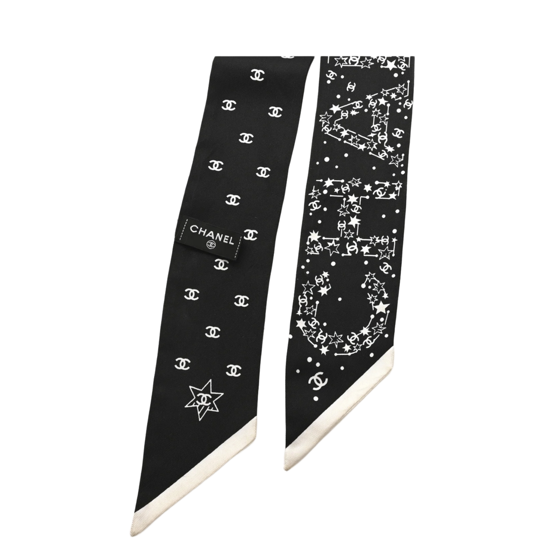 CHANEL SILK 'CHANEL' CONSTELLATION LOGO SLIM BANDEAU SCARF