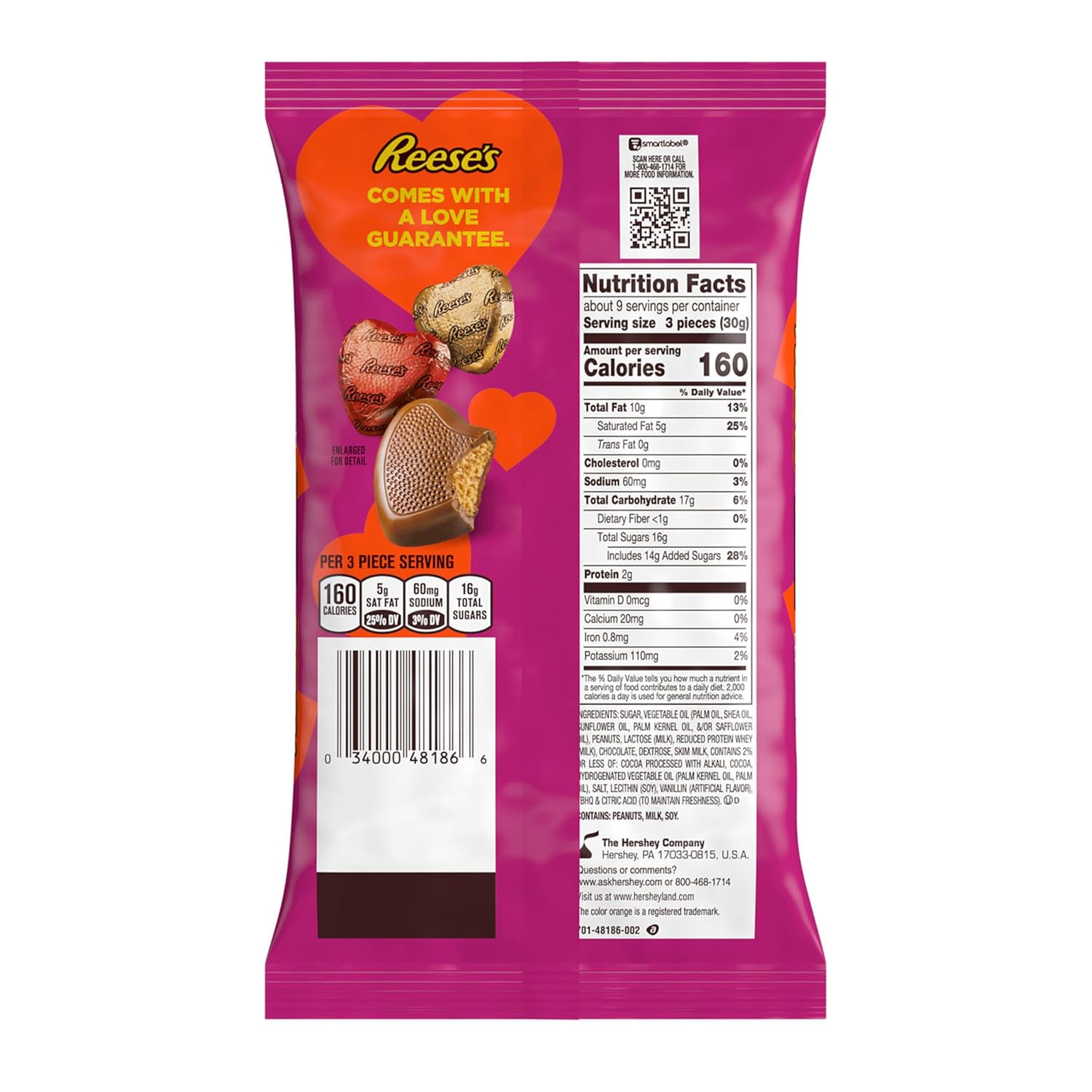 REESE'S Corazones de crema de mantequilla de maní de chocolate, bolsa de dulces de San Valentín, 9.1 onzas