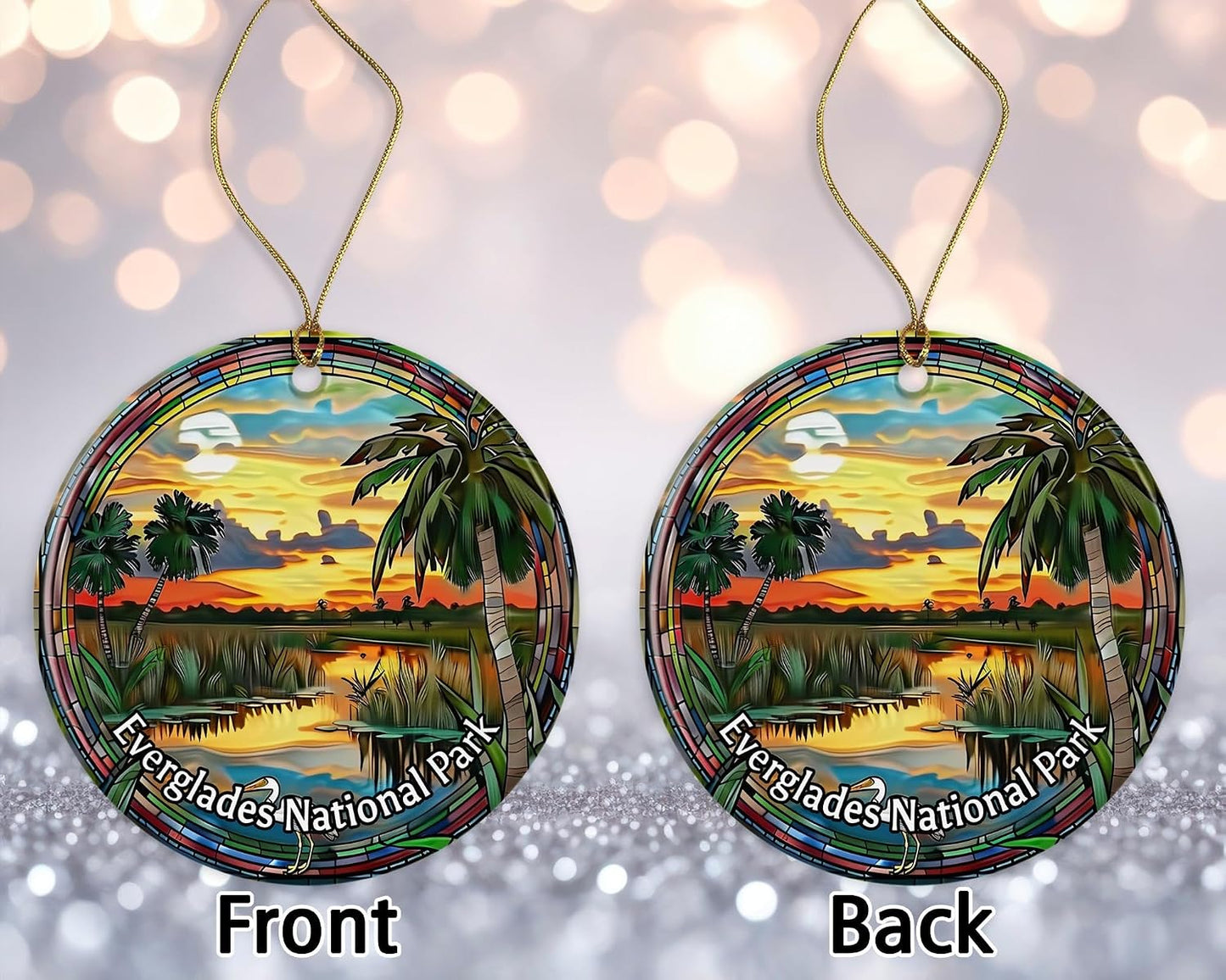 Everglades National Park - Adorno con aspecto de vitral, recuerdo de Navidad de los parques nacionales, recuerdo de viaje, regalo de cerámica impreso en ambos lados