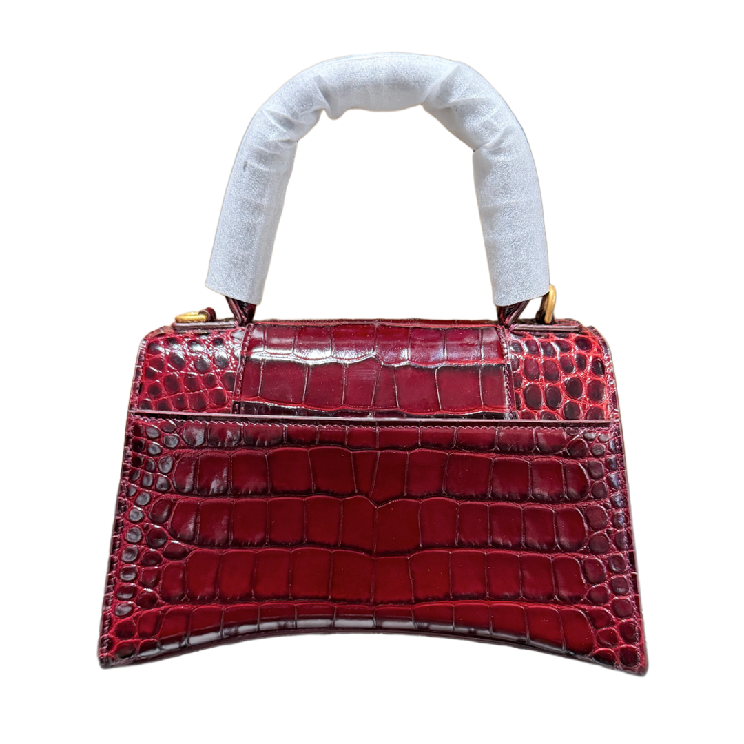 BALENCIAGA HOURGLASS S 'CROCODILE EMBOSSED CALFSKIN' BURGUNDY DARK RED GOLD HARDWARE HANDBAG
