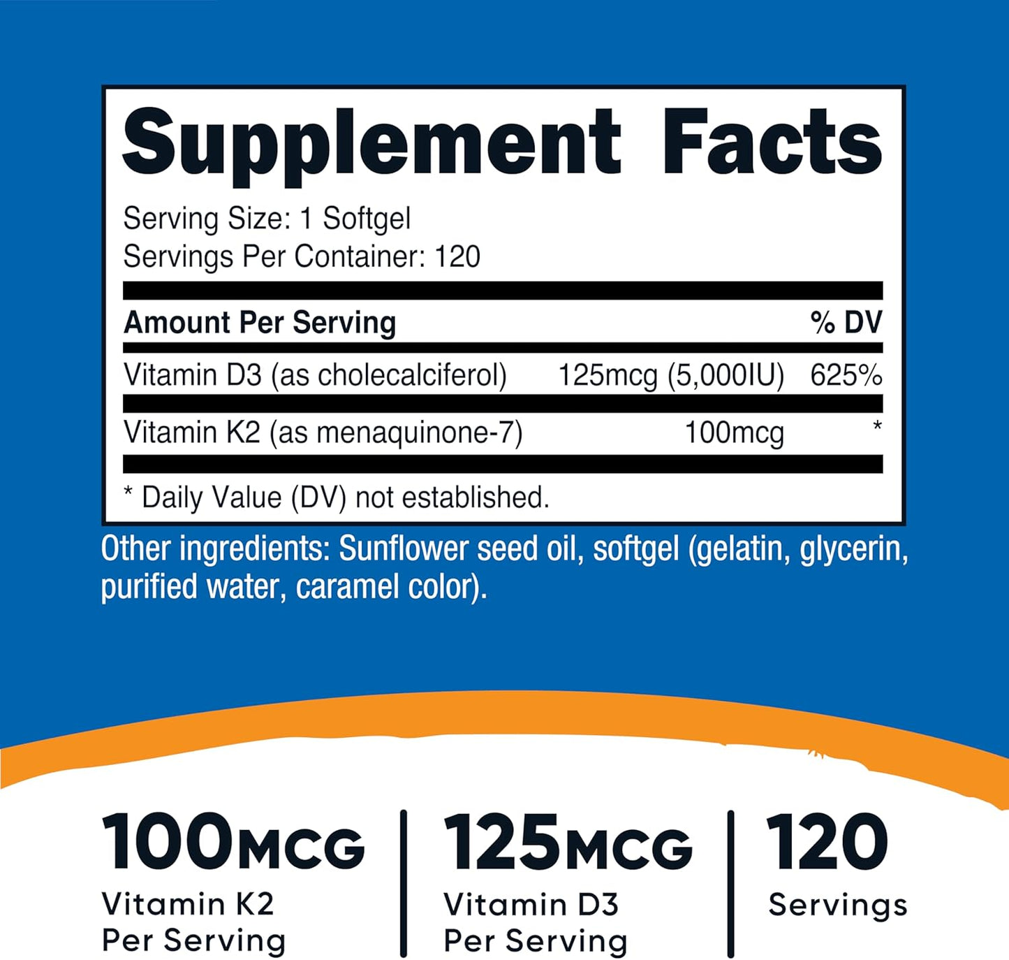 Nutricost Vitamin K2 (100mcg) + Vitamin D3 (5000IU) 120 Soft Capsules - Vitamin Supplement Non-GMO Gluten-Free Nutricost Supplement