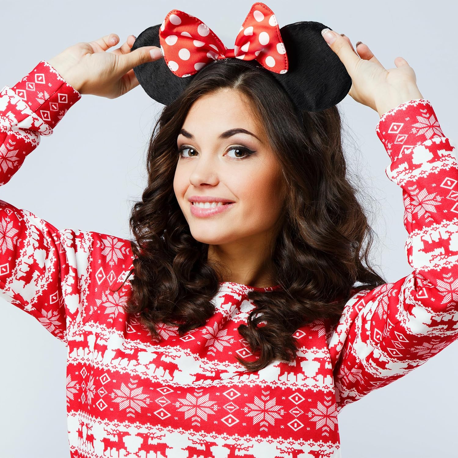Relaxdays Minnie Ears, Pack of 6, Mouse Headband with Polka Dot Bow, Fancy Dress Accessory, Black/Red