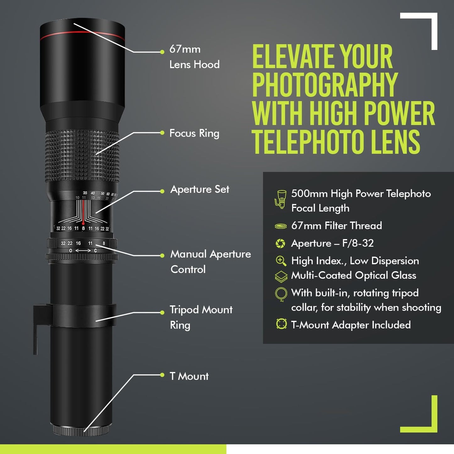 High Power 500mm f/8 Manual Telephoto Lens for Canon EOS R EOS R3 EOS R5 EOS R6 EOS R7 EOS R8 EOS R50 EOS R100 EOS RP Mirrorless Cameras