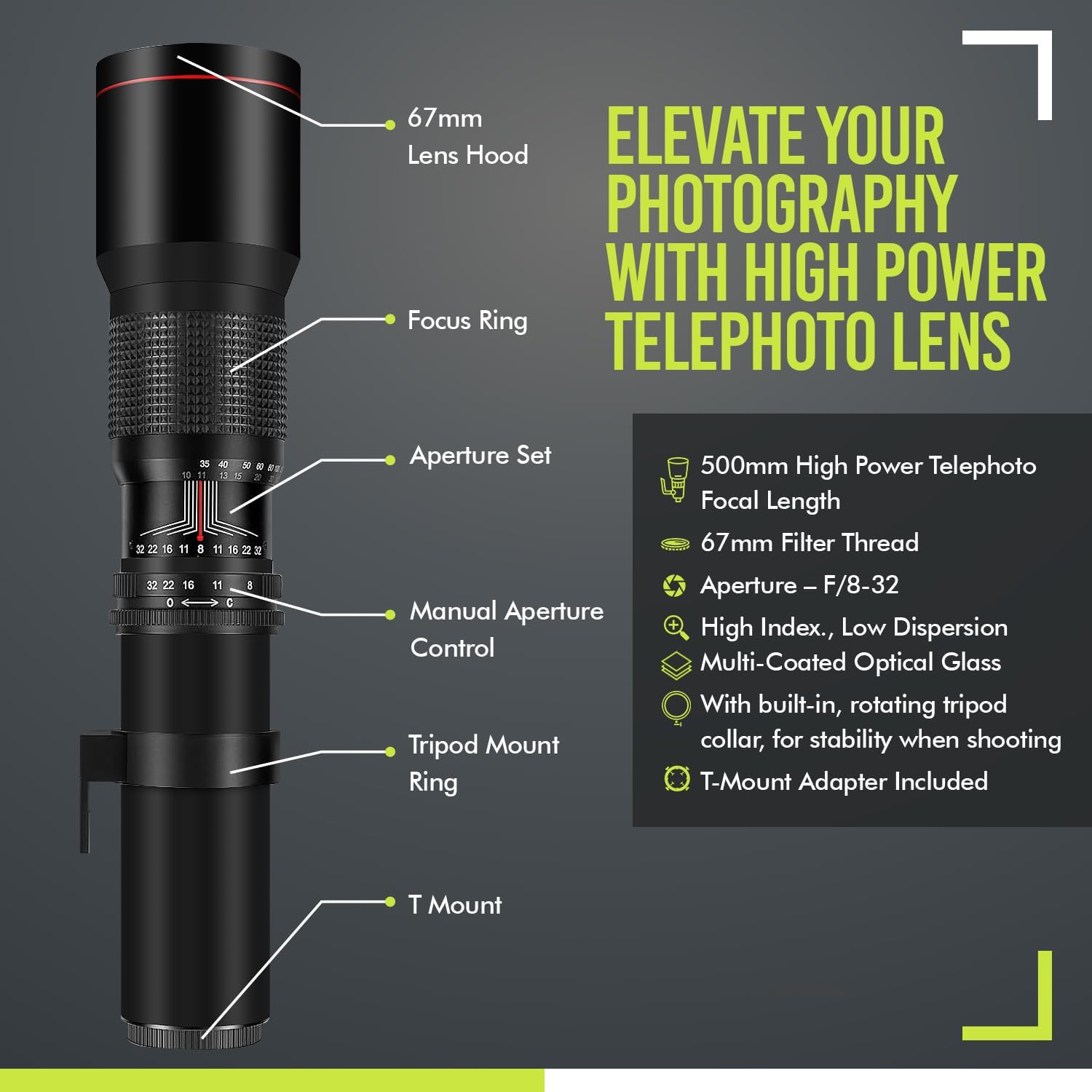 High Power 500mm f/8 Manual Telephoto Lens for Canon EOS R EOS R3 EOS R5 EOS R6 EOS R7 EOS R8 EOS R50 EOS R100 EOS RP Mirrorless Cameras