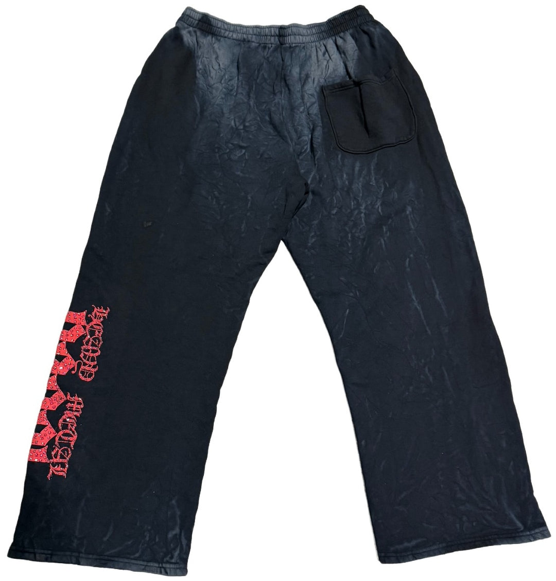 BOSSI 'RED HEAVY METAL' WASHED BLACK RHINESTONE SWEATPANTS