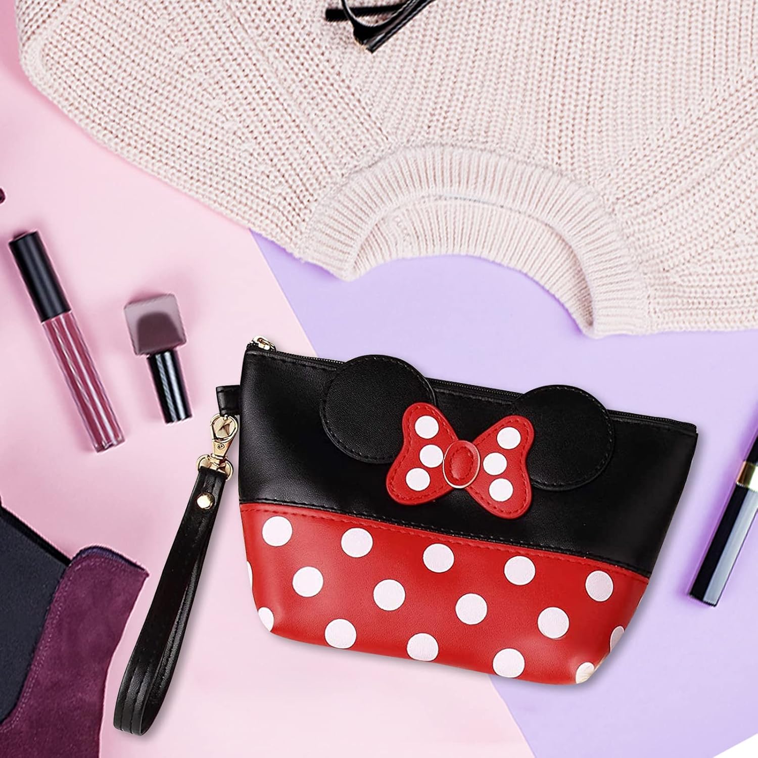 Mickey Make-Up Storage Bag, Women's PU Travel Bag with Bowknots, Premium Quality Large Toiletry Bag, Organiser for Women
