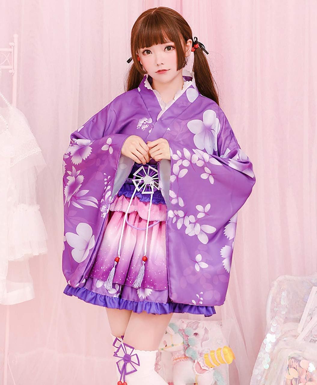 Milky Time Yukata, Japanese Style, Miniskirt, Cute, Cosplay, Halloween Costume Set, Summer Festival, Oiran (Purple)