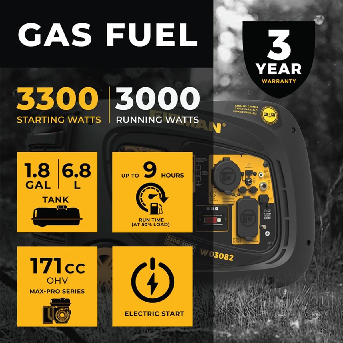 FIRMAN インバーター ポータブル発電機 171cc エンジン 電気始動付き 3300W 発電機 稼働時間9時間 ウィスパーシリーズジェネレーター 110ポンド