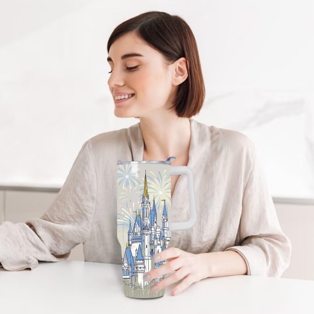 Castle - Vaso de 40 onzas con tapas y pajitas, vaso aislado de acero inoxidable, taza de viaje con fuegos artificiales, regalos para mujeres