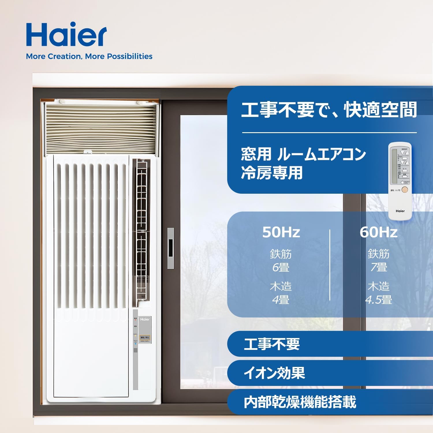 Haier JA-W16AM(W) 26-Year Model Air Conditioner for Windows, 10.6 to 15.7 sq ft (4 to 7 tatami mats), For Air Conditioning, No Construction Required, Easy Installation, Interior Drying, Non-Drenching Negative Ion LCD Remote Control, White