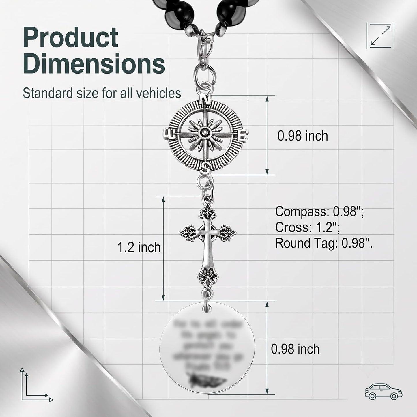 Cross Car Charm, Stainless Steel Rear View Mirror Hanging Ornament with Psalm 91:11, Christian Religious Pendant Decor, Universal for Most Cars SUVs Trucks (Silver)