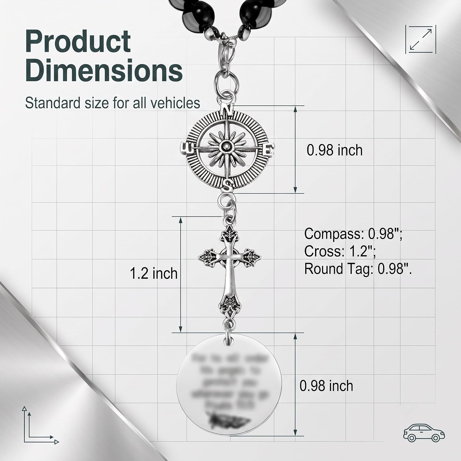 Cross Car Charm, Stainless Steel Rear View Mirror Hanging Ornament with Psalm 91:11, Christian Religious Pendant Decor, Universal for Most Cars SUVs Trucks (Silver)