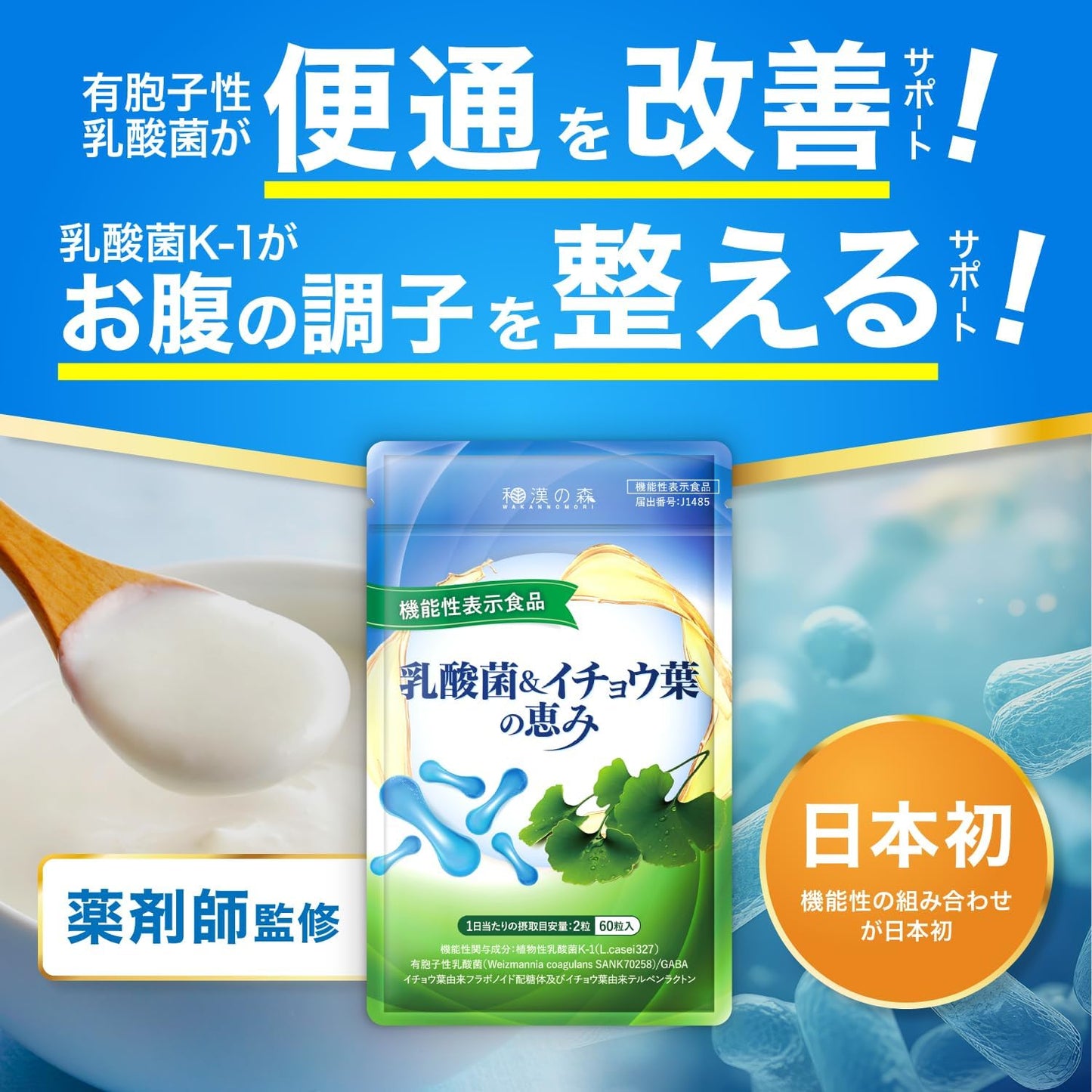 GABA K-1 Lactic Acid Bacteria & Ginkgo Leaf Blessing Food, Functional Claim, Convenient Intestinal Environment, Memory Power, Decision, Mental Stress & Fatigue, 60 Tablets