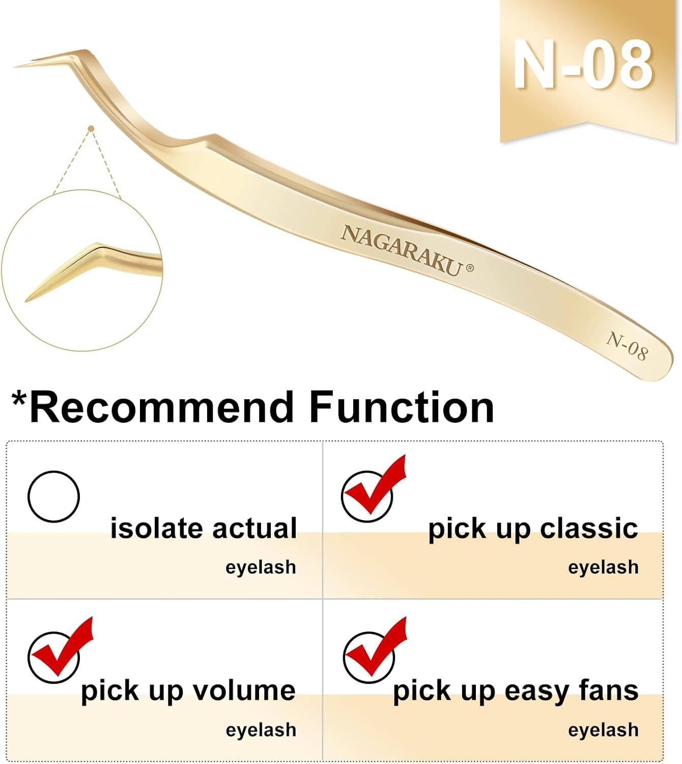 NAGARAKU Eyelash Extension Tweezers Gold Curved Angle Volume Cluster Precision Ultralight Stainless Steel (N-08)