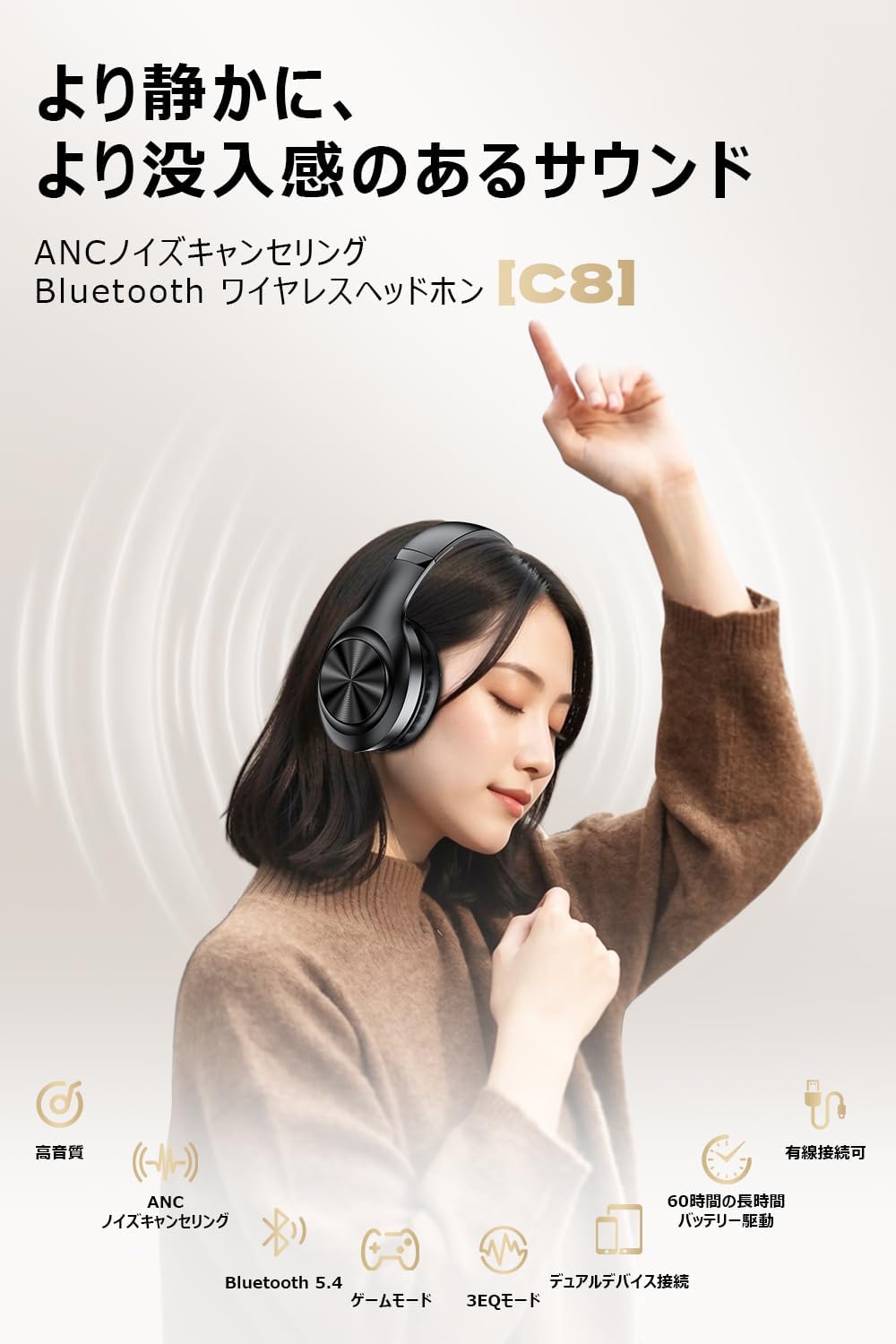 2026 Latest Bluetooth 5.4 Headphones, Bluetooth Wireless Headphones, ANC Noise Cancelling, Up to 60 Hours of Playtime, 3EQ Mode, Over-Ear Headphones, Dual Wired Wireless, Built-in Mic, 3.5 mm Cable
