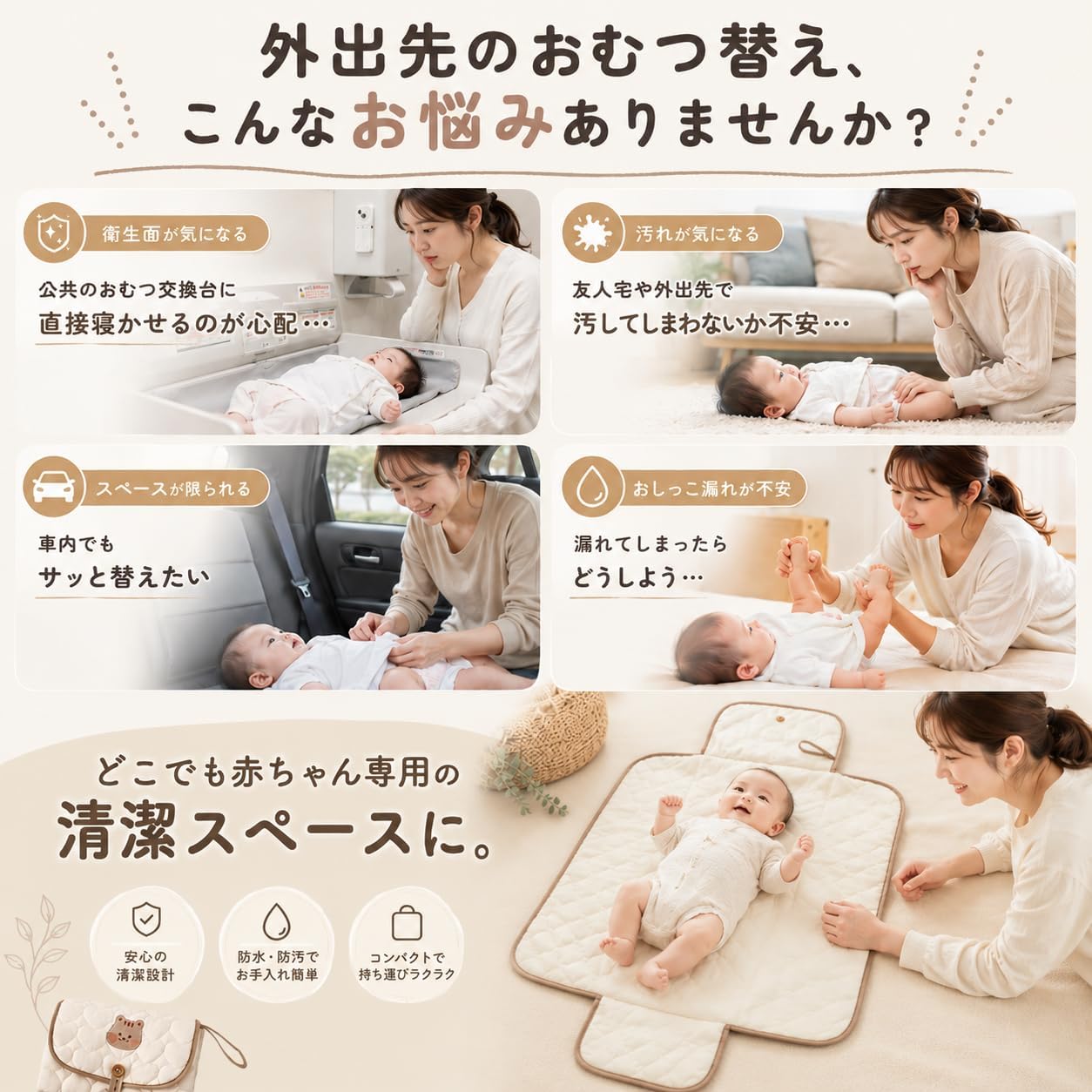 Diaper Changing Mat, Diaper Changing Sheet, Waterproof, Cotton, Gentle on Baby's Skin, Portable, Compact, Foldable, Cute (Off-White Squirrel), One Size Fits Most